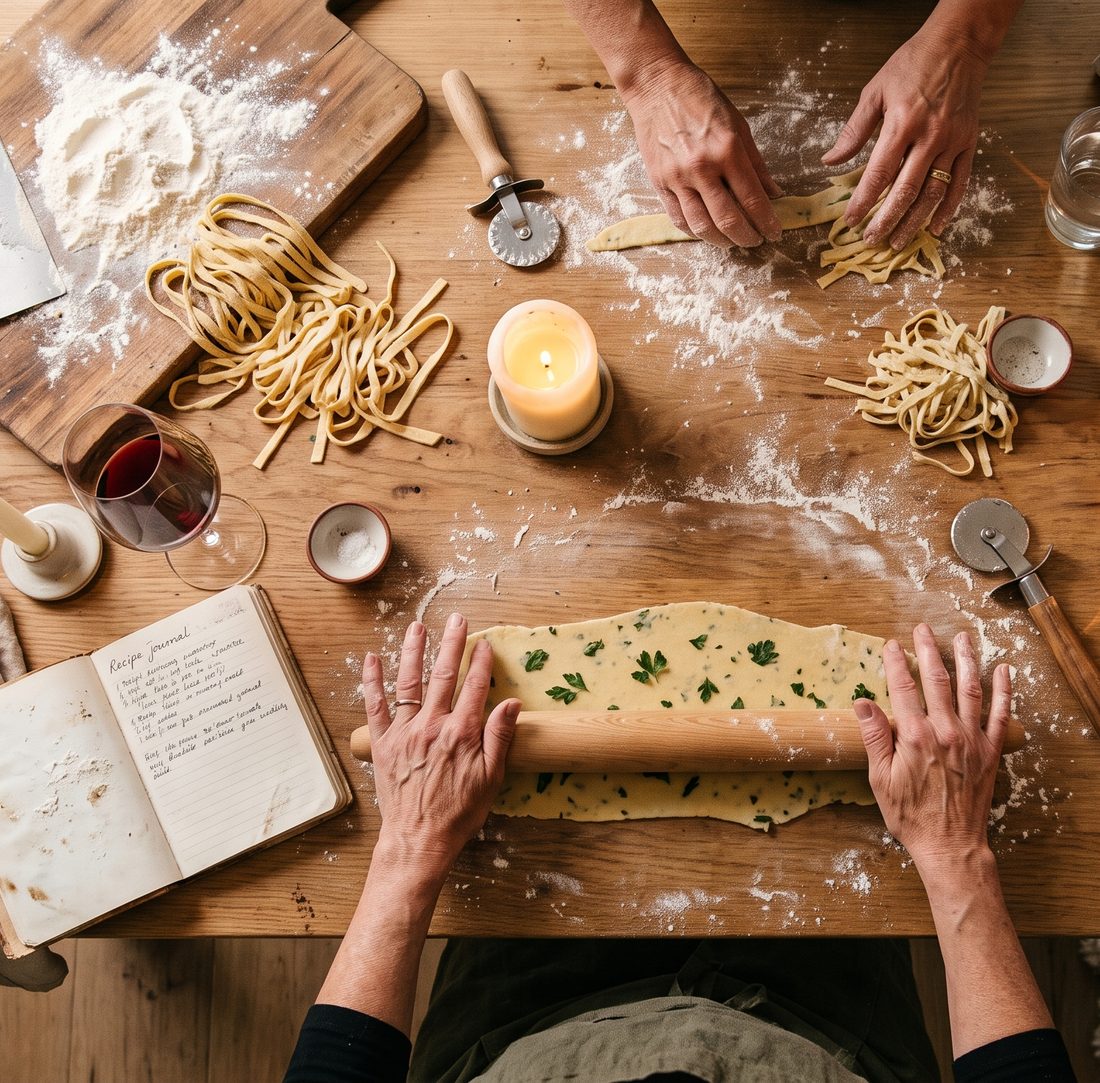 Hands rolling herb pasta dough at a candlelit wooden table, with fresh-cut noodles and a recipe journal